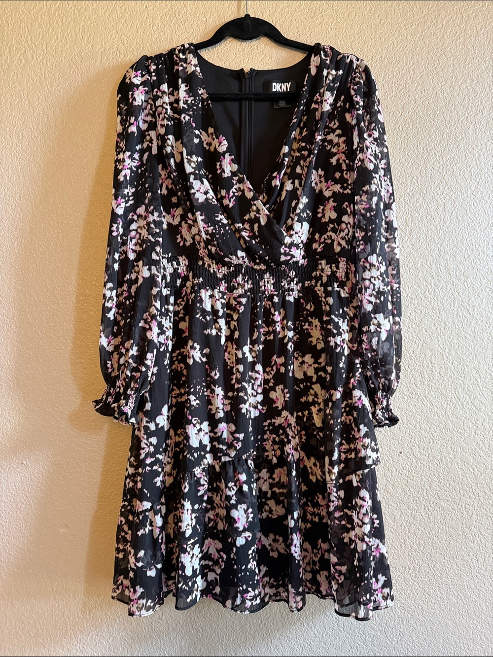 DKNY Black Floral Wrap-Style Long Sleeve Dress